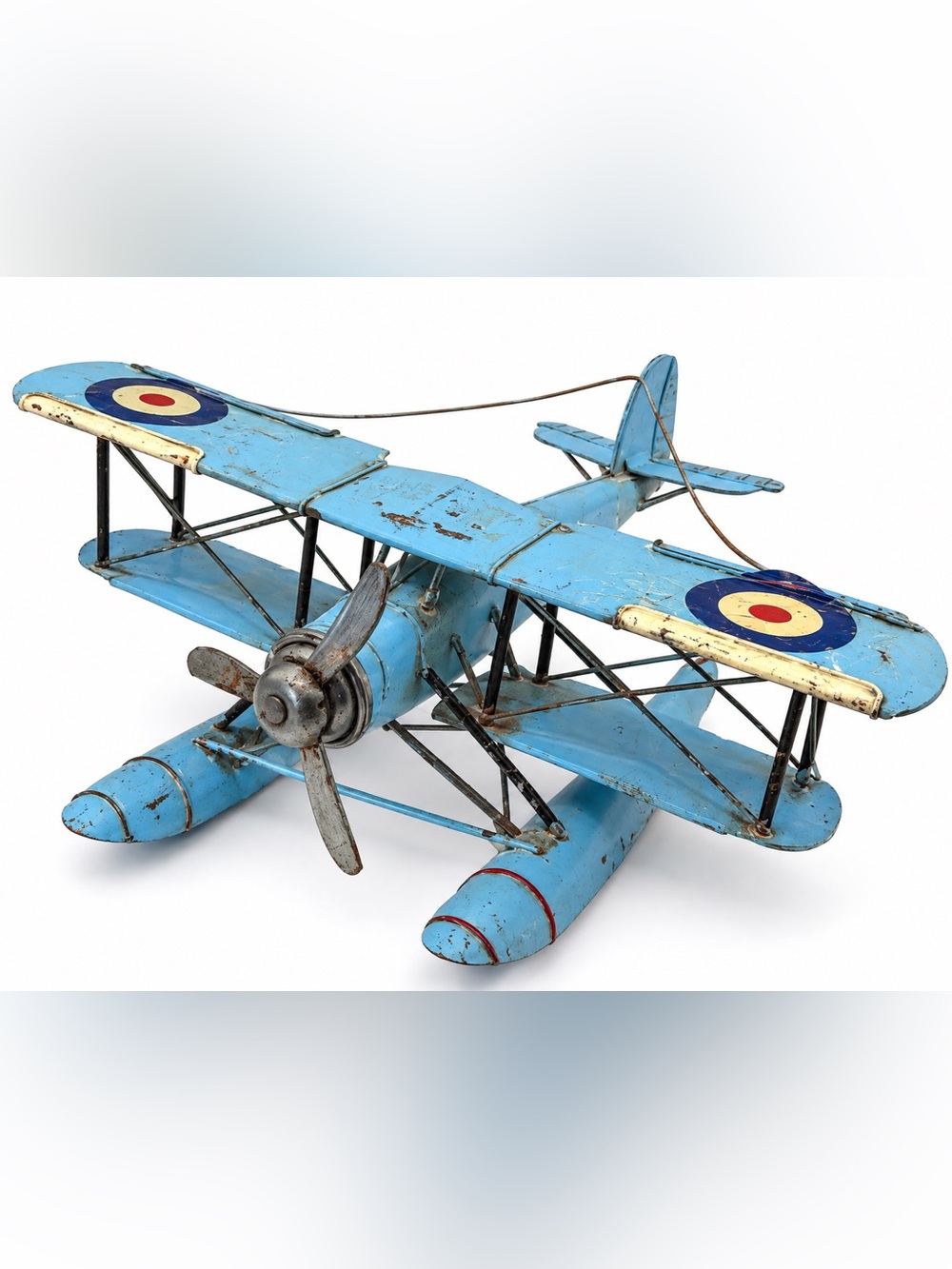 Vintage A.S.O.M.S. Blue Metal RAF Biplane Seaplane Model Aircraft HG45